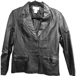 Minimalist Black Leather Blazer Women Size 8P Vintage 90s Y2k Preppy Officecore